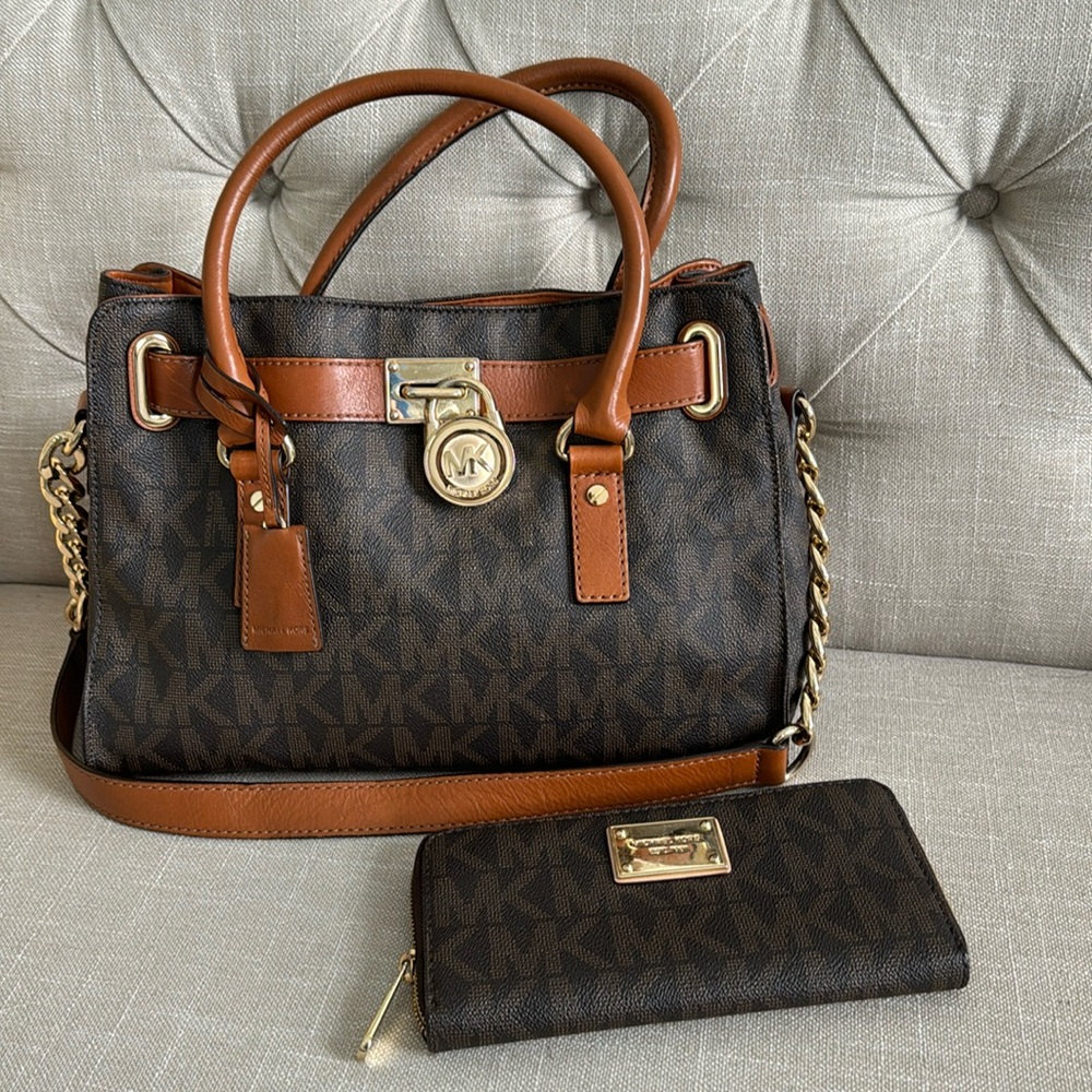 Michael Kors two toned brown bag with matching wallet. Gently used